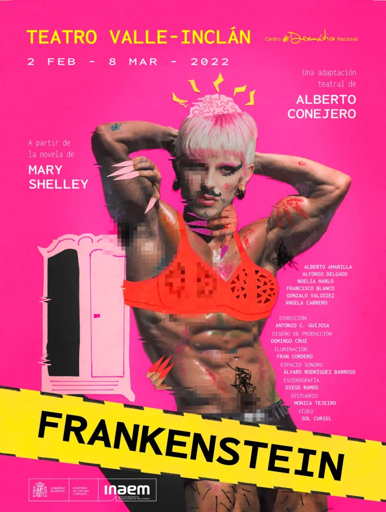Cartel de Frankenstein contemporáneo. Muestra una figura semidesnuda con partes censuradas e información de la obra de teatro ficticia alrededor.