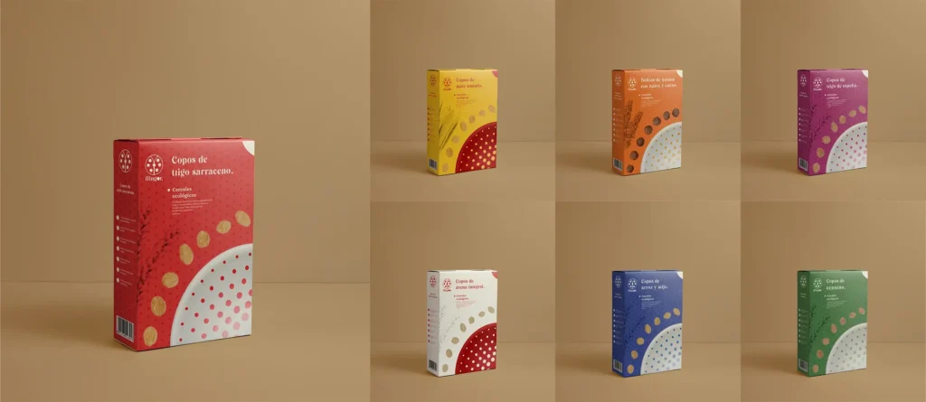 Imagen que muestra un mockup con los distintos productos de Flingor implementando su identidad de marca. El principal, a la izquierda, es de color rojo y representa los copos de trigo sarraceno. El packaging del resto de productos tiene un color predominante distinto. De izquierda a derecha, de arriba a abajo: copos de maíz, bolitas de quinoa con agave y cacao, copos de espelta, copos de avena, copos de arroz y mijo, copos de centeno.