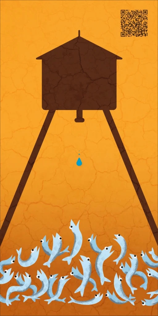 Ilustración con un QR a la noticia que referencia. Muestra un depósito de agua del que solo cae una gota mientras abajo esperan unos peces sedientos.