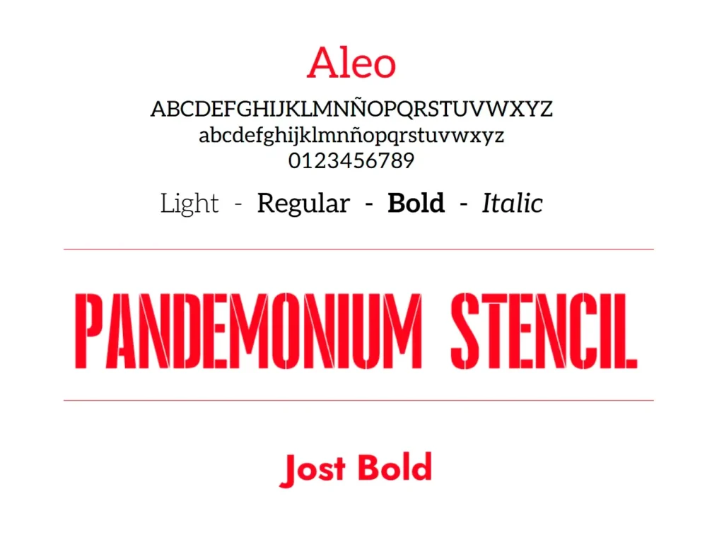 Imagen que muestra las distintas tipografías empleadas en el proyecto editorial: Aleo, Pandemomium Stencil y Jost Bold.